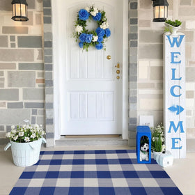 WAYYE buffalo plaid outdoor rug in blue and white, durable 27.5x43 for porch styling
