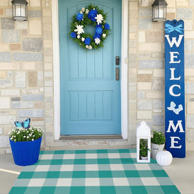 WAYYE buffalo plaid outdoor rug for porch use, teal green and white, adds durable curb appeal