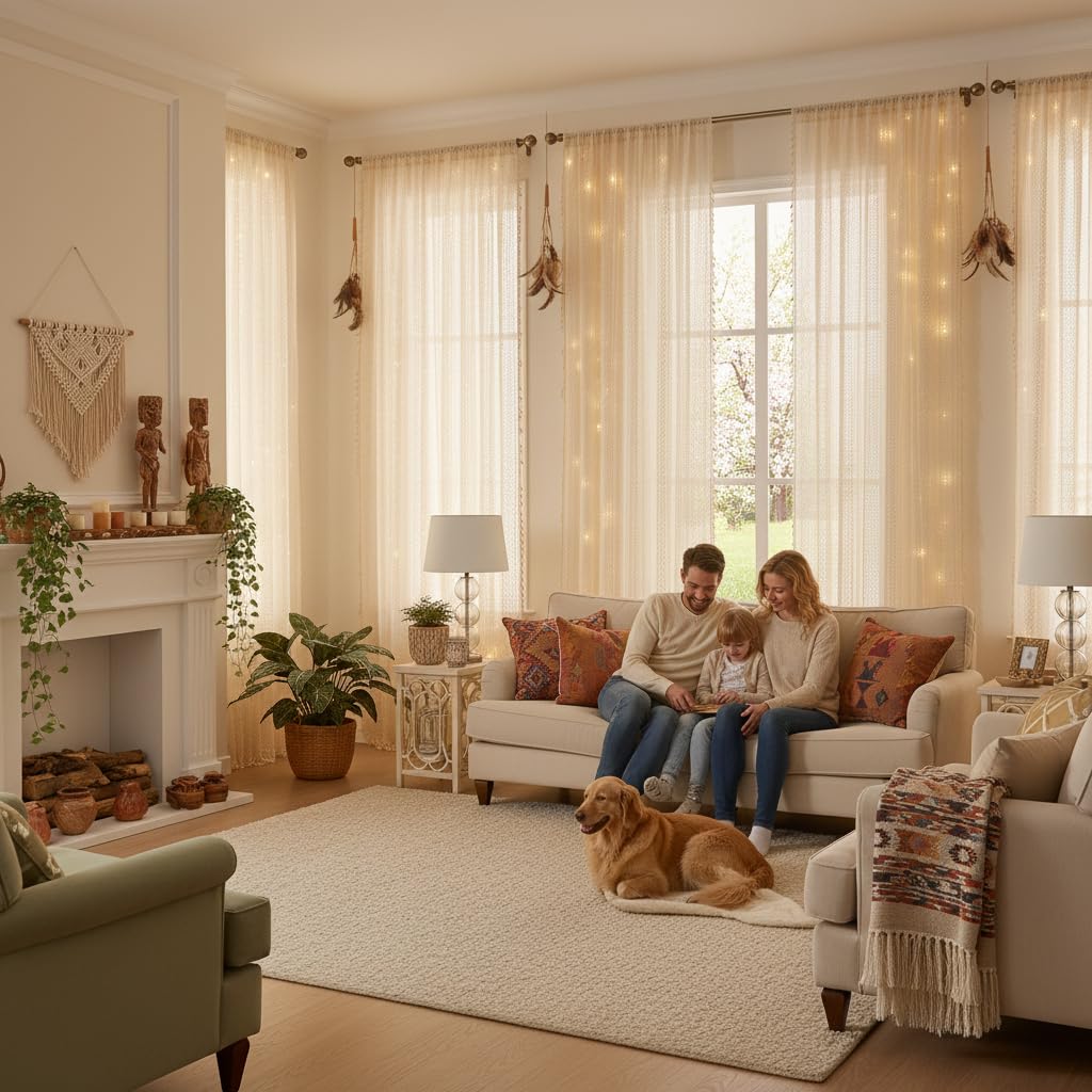 WAZZIO beige two-panel drapes offering balanced privacy and light diffusion.