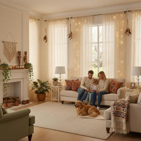 WAZZIO beige two-panel drapes offering balanced privacy and light diffusion.