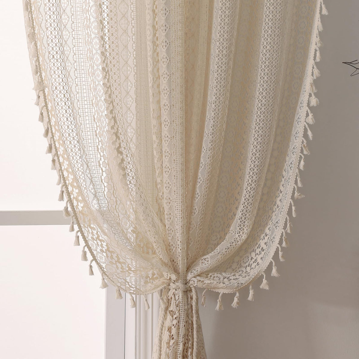 WAZZIO boho lace curtains two-panel beige filtering light softly for cozy mood
