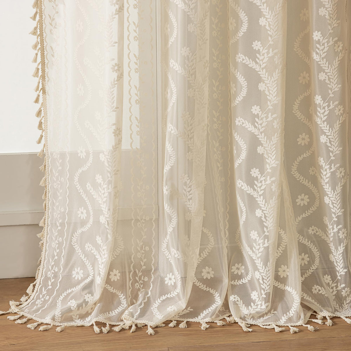 WAZZIO boho lace curtains with two panels offering 84-inch length for versatile spaces