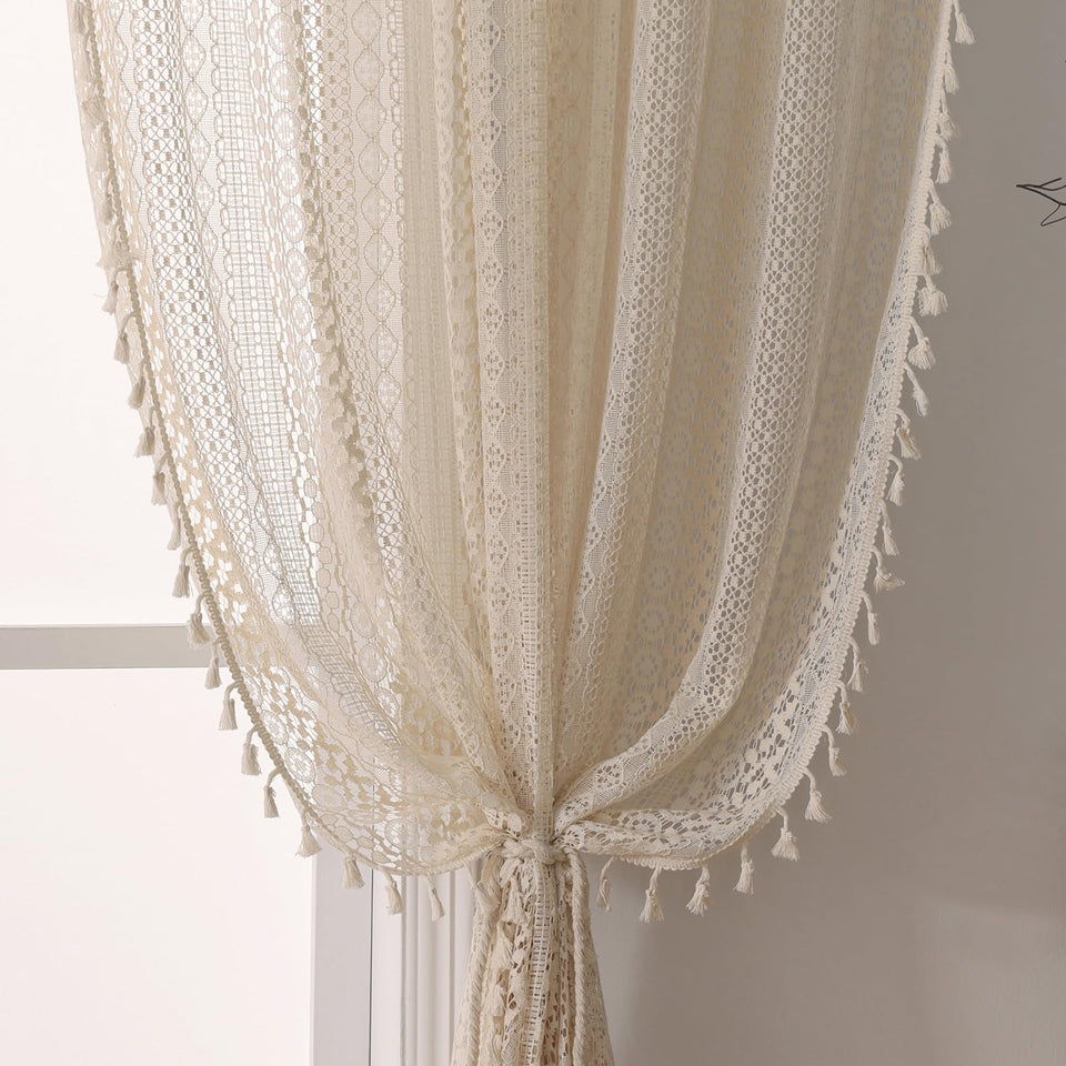 WAZZIO boho lace curtains 63in two-panel, soft light diffusion for living room.