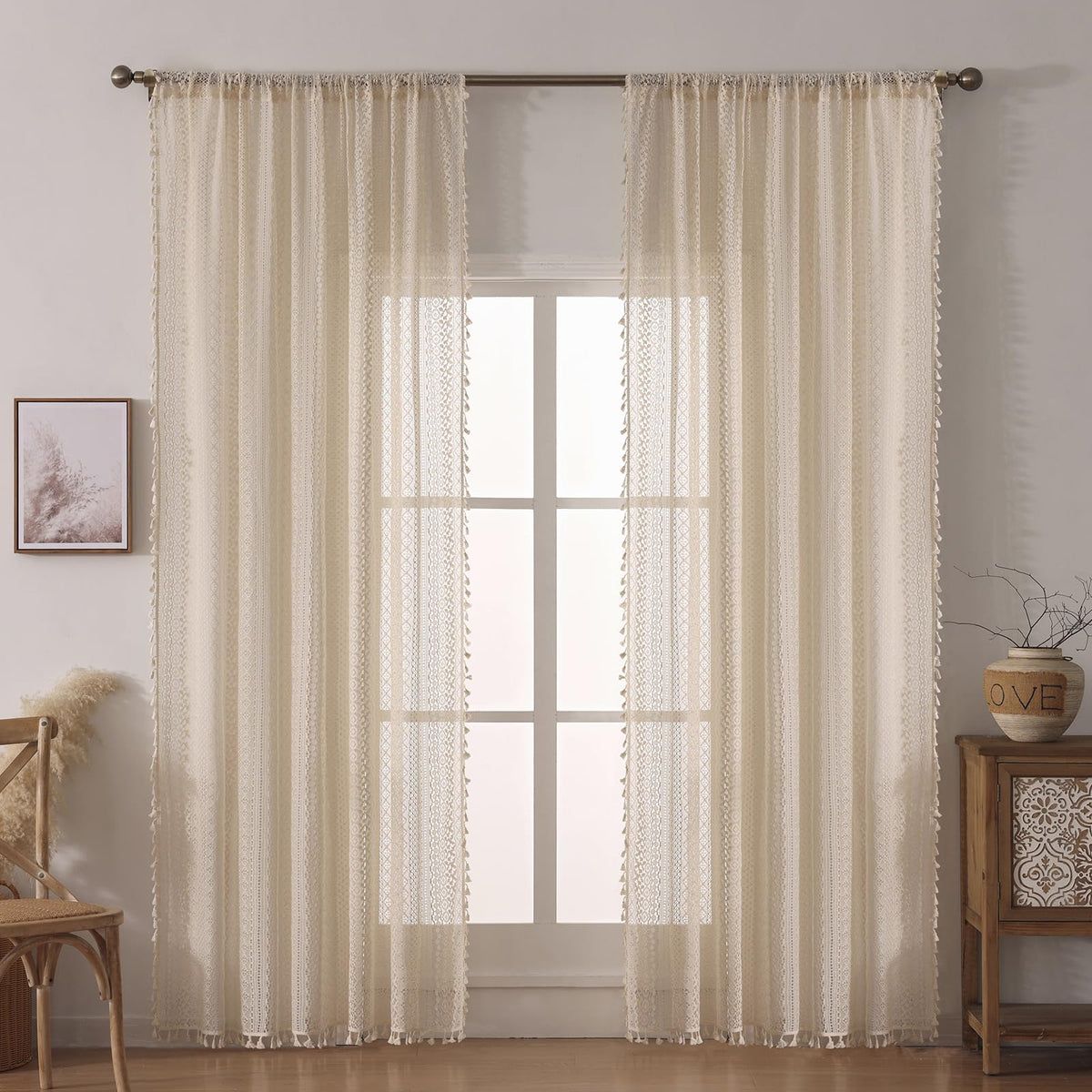 WAZZIO rod-pocket crochet curtains top for easy hanging and a secure fit.