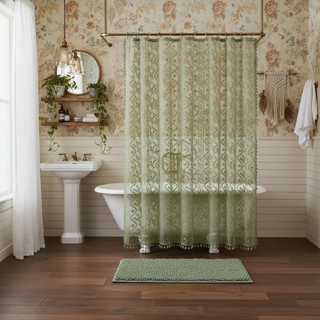 WAZZIO Sage Green Lace Curtain in bathroom setup with liner for privacy and decor