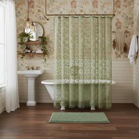 WAZZIO Sage Green Lace Curtain in bathroom setup with liner for privacy and decor