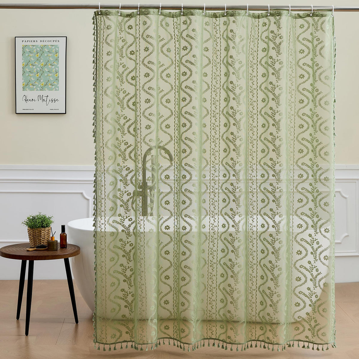 WAZZIO Sage Green Lace Curtain close-up showing delicate floral pattern for elegance