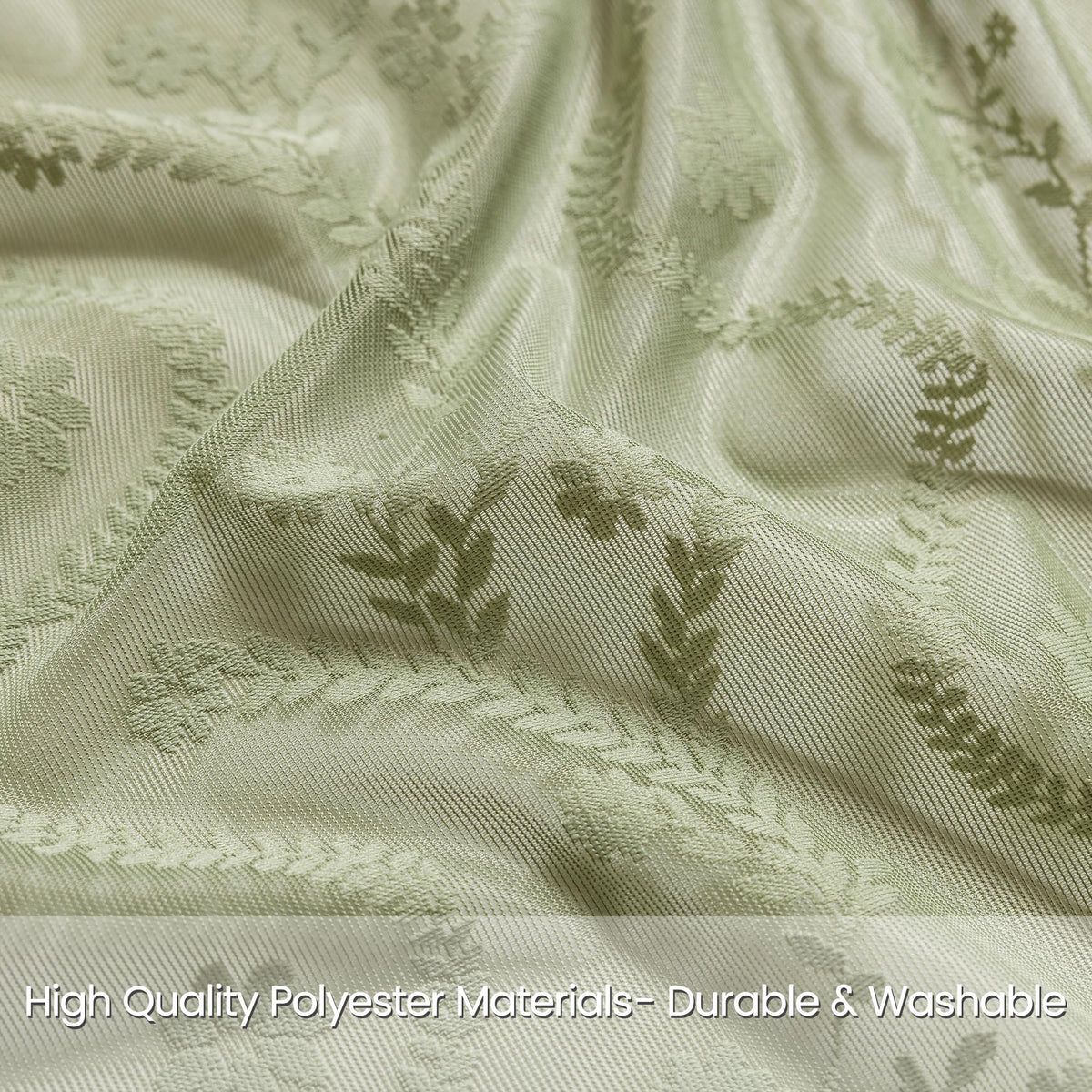 WAZZIO Sage Green Lace Curtain draped in a stylish bathroom for a romantic boho vibe