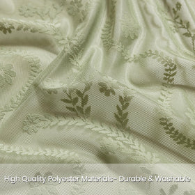 WAZZIO Sage Green Lace Curtain draped in a stylish bathroom for a romantic boho vibe