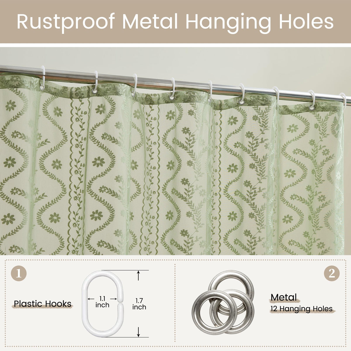 WAZZIO Sage Green Lace Curtain rustproof grommets ensure quick setup