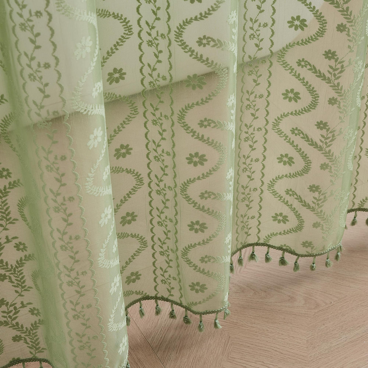 WAZZIO Sage Green Lace Curtain hooks included for instant installation