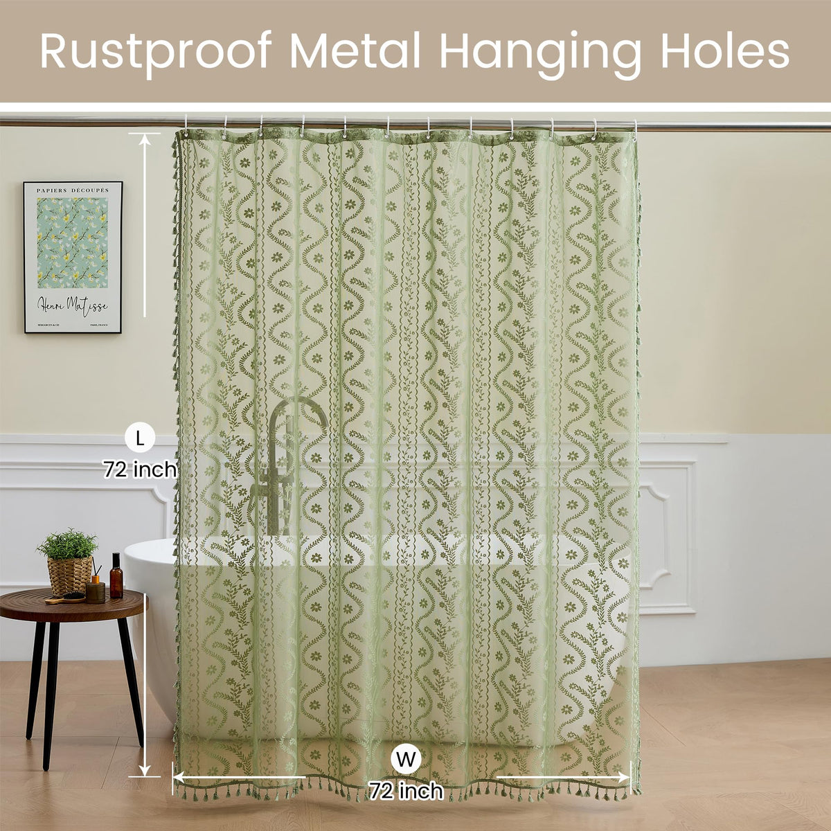 WAZZIO Sage Green Lace Curtain side view highlighting full length fit