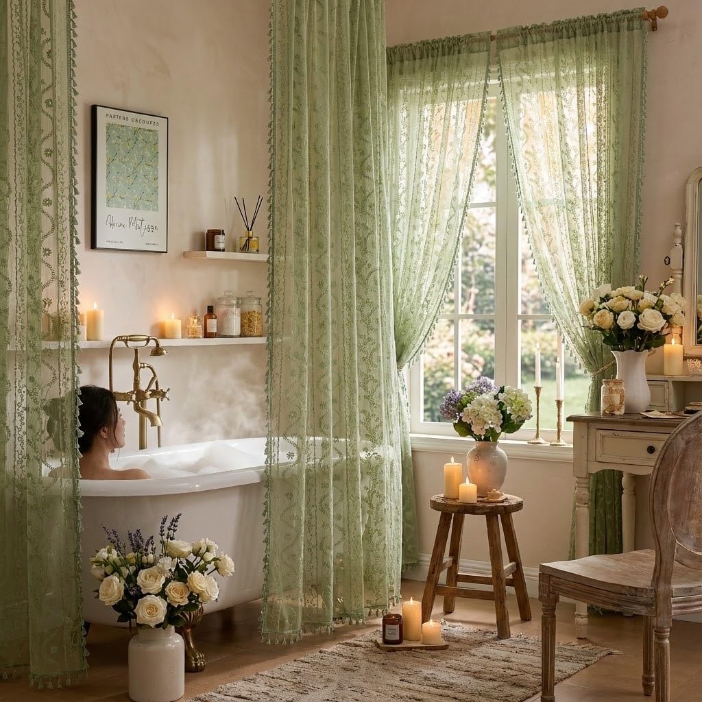 WAZZIO Sage Green Lace Curtain tassel detail for vintage charm