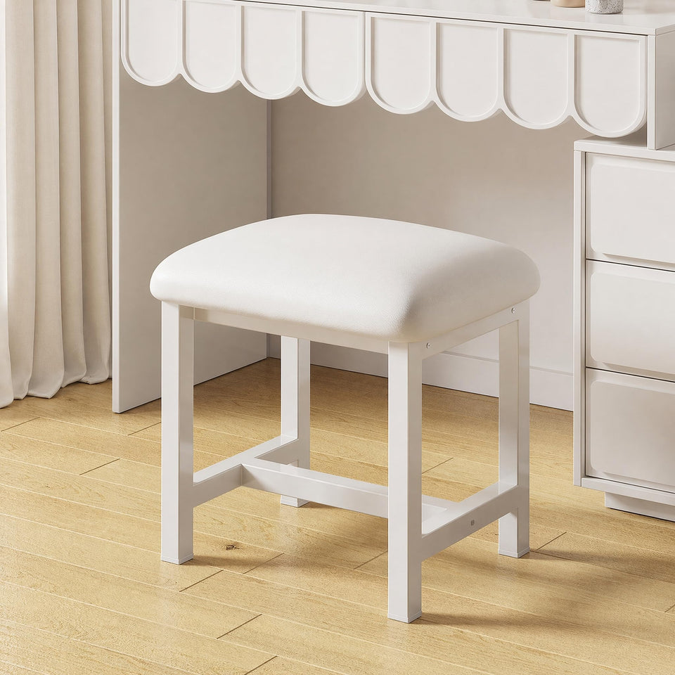 WBKATN white vanity stool front view for compact makeup seating and styling.