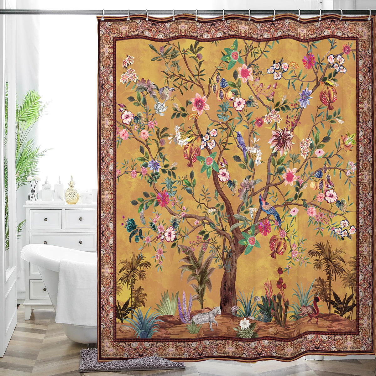 WC WAH CHUN bohemian shower curtain with floral pattern for stylish bathroom coverage.