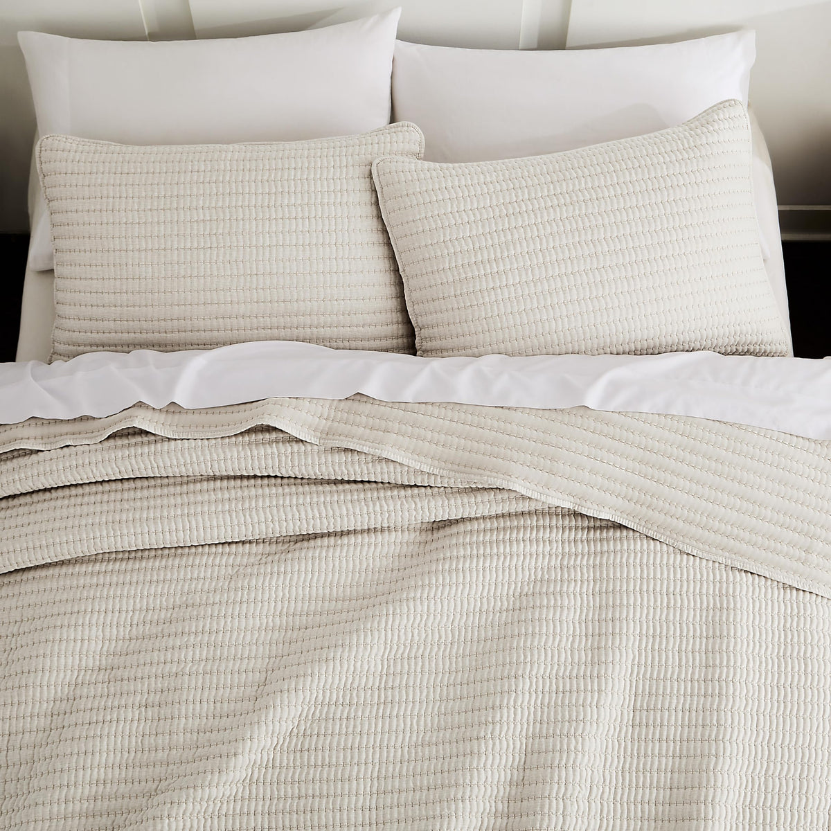 WDCOZY beige pick stitch king size quilt set on bed, soft, versatile, ideal for year-round comfort