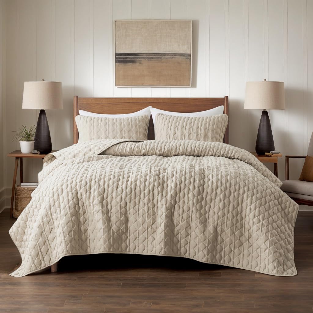 WDCOZY beige quilt queen bed-drape showcases elegant drape and subtle texture