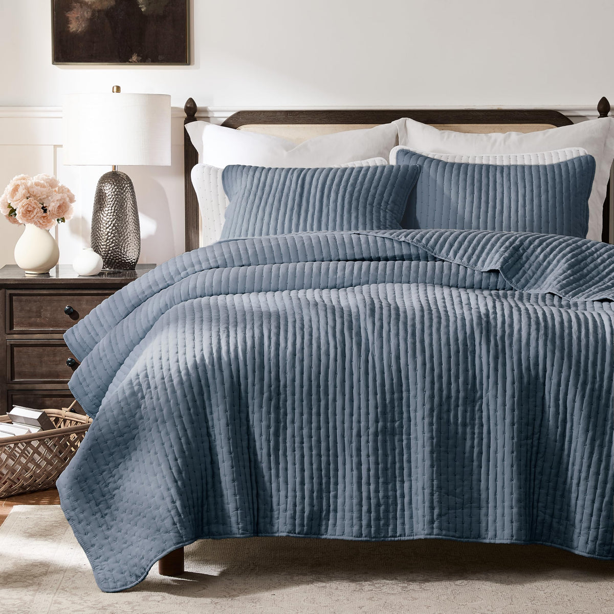 WDCOZY blue cross stitch king size quilt set adds cozy farmhouse charm.