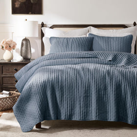 WDCOZY blue cross stitch king size quilt set adds cozy farmhouse charm.