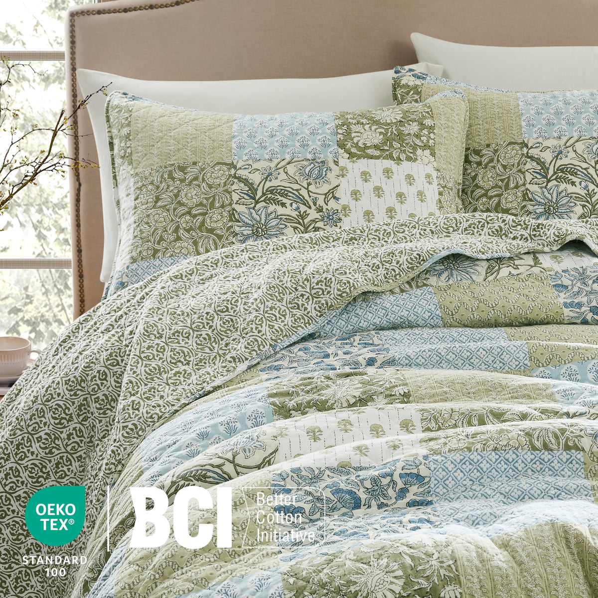 WDCOZY green floral pattern quilt close-up highlights soft cotton weave.