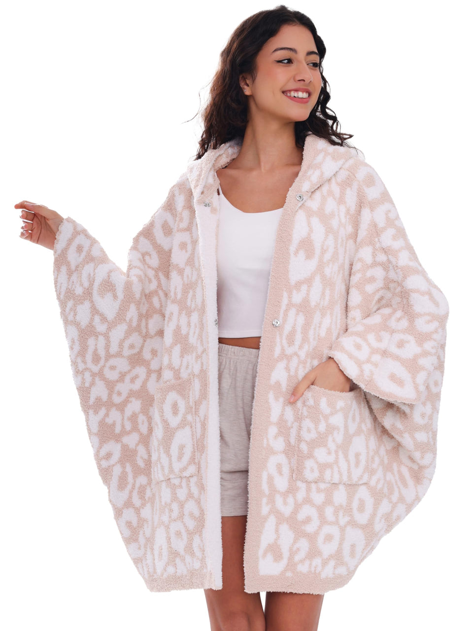WDCOZY leopard wearable blanket hoodie front view in plush knit for cozy warmth.