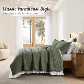 WDCOZY moss green coverlet drapes on king bed