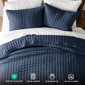 WDCOZY navy blue bedspread drapes elegantly on a king bed