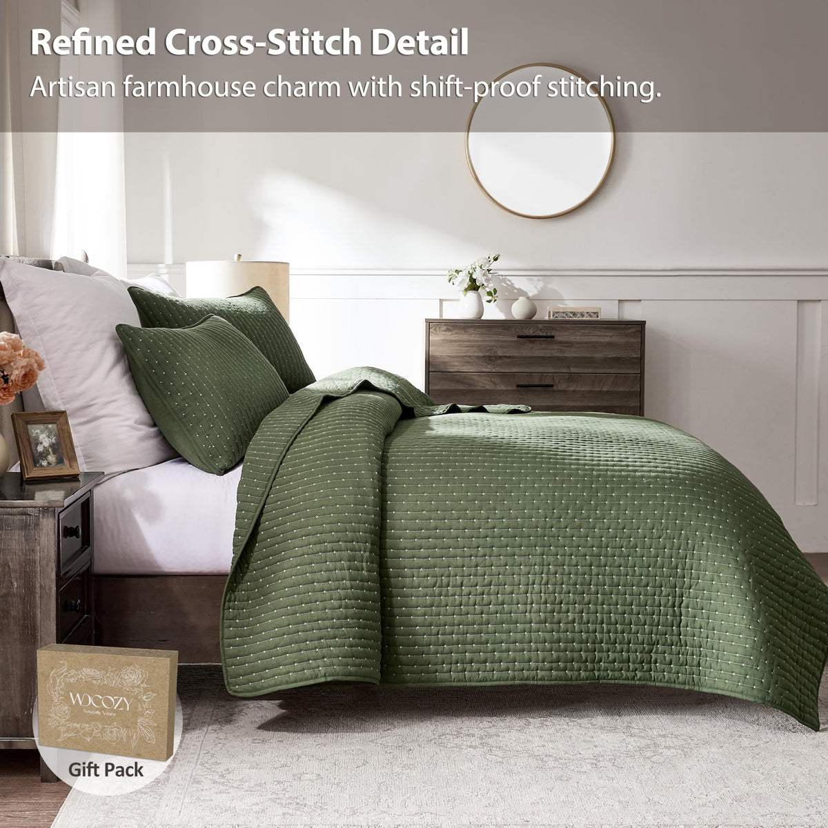 WDCOZY striped quilt detail enhances rustic or modern bedroom aesthetics.