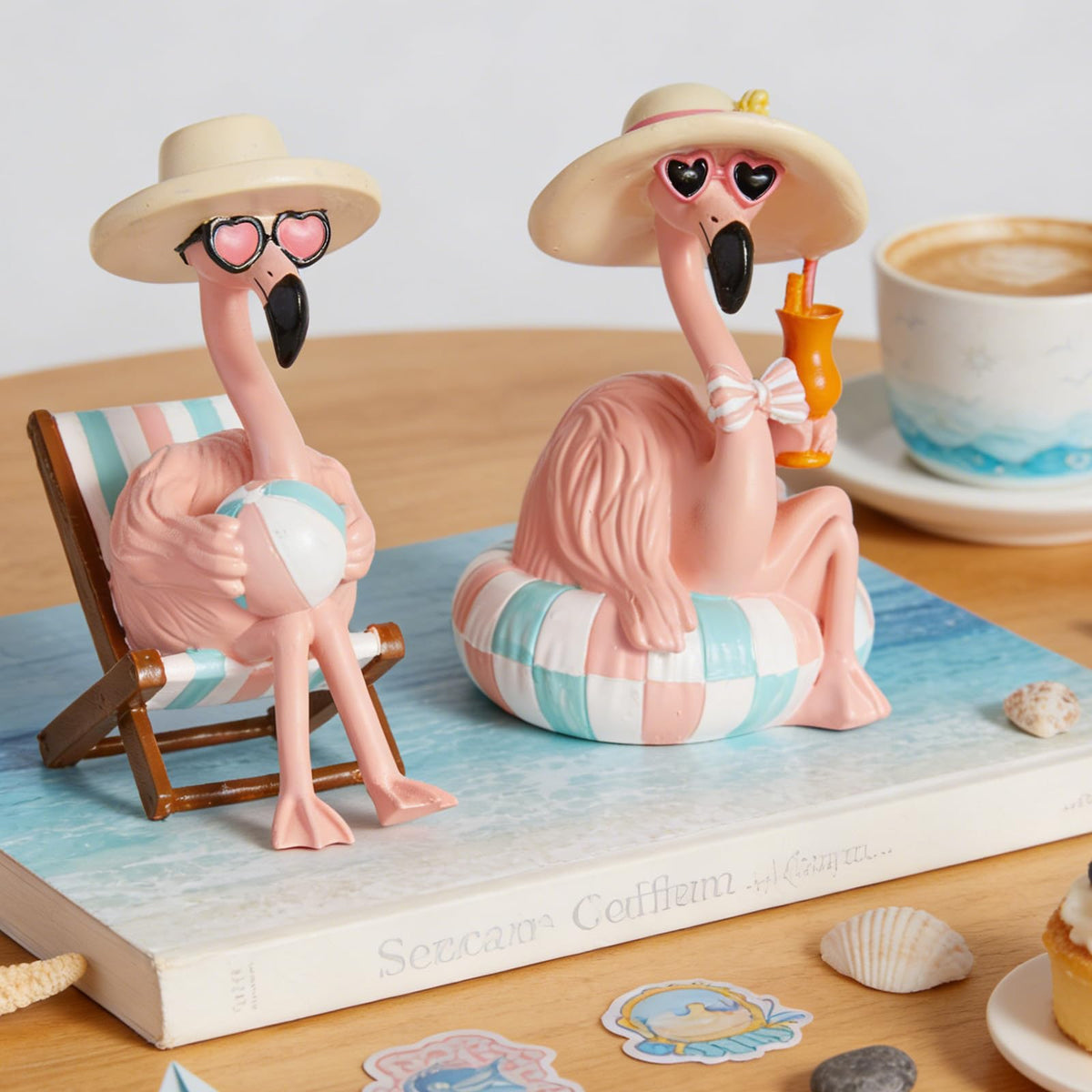 WDS WONDROUS flamingo figurines with straw hat and heart sunglasses add playful tropical style to desks.