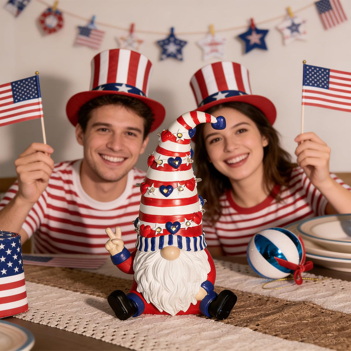 WDS WONDROUS Memorial Day gnome LED figurine adds subtle glow to shelves.