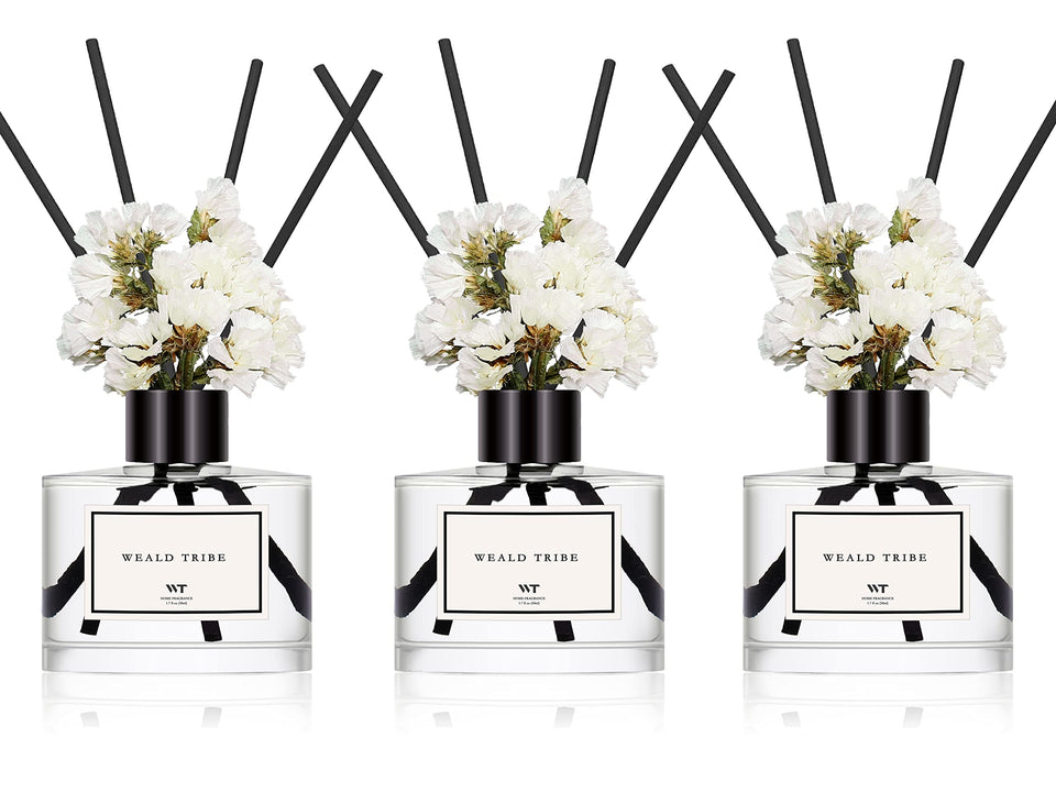 WEALD TRIBE cashmere-vanilla diffuser bottles create a warm, inviting living room scent.