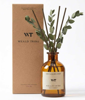 WEALD TRIBE reed diffuser bottle for living room with eucalyptus-mint scent.