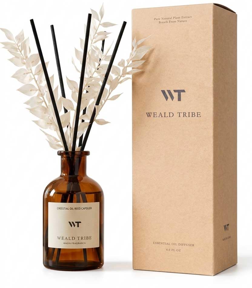 WEALD TRIBE reed diffuser bottle with White Tea scent for a fresh bathroom ambiance