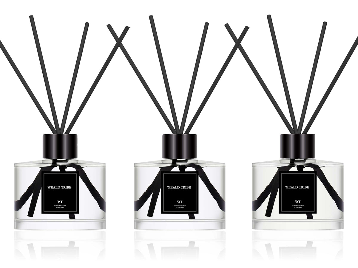 WEALD TRIBE three-pack reed diffuser set viewed from front, enhances room ambiance