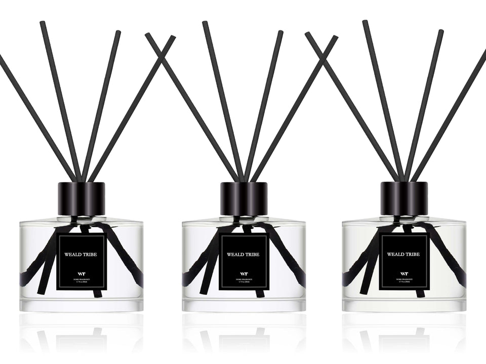 WEALD TRIBE three-pack reed diffuser set viewed from front, enhances room ambiance