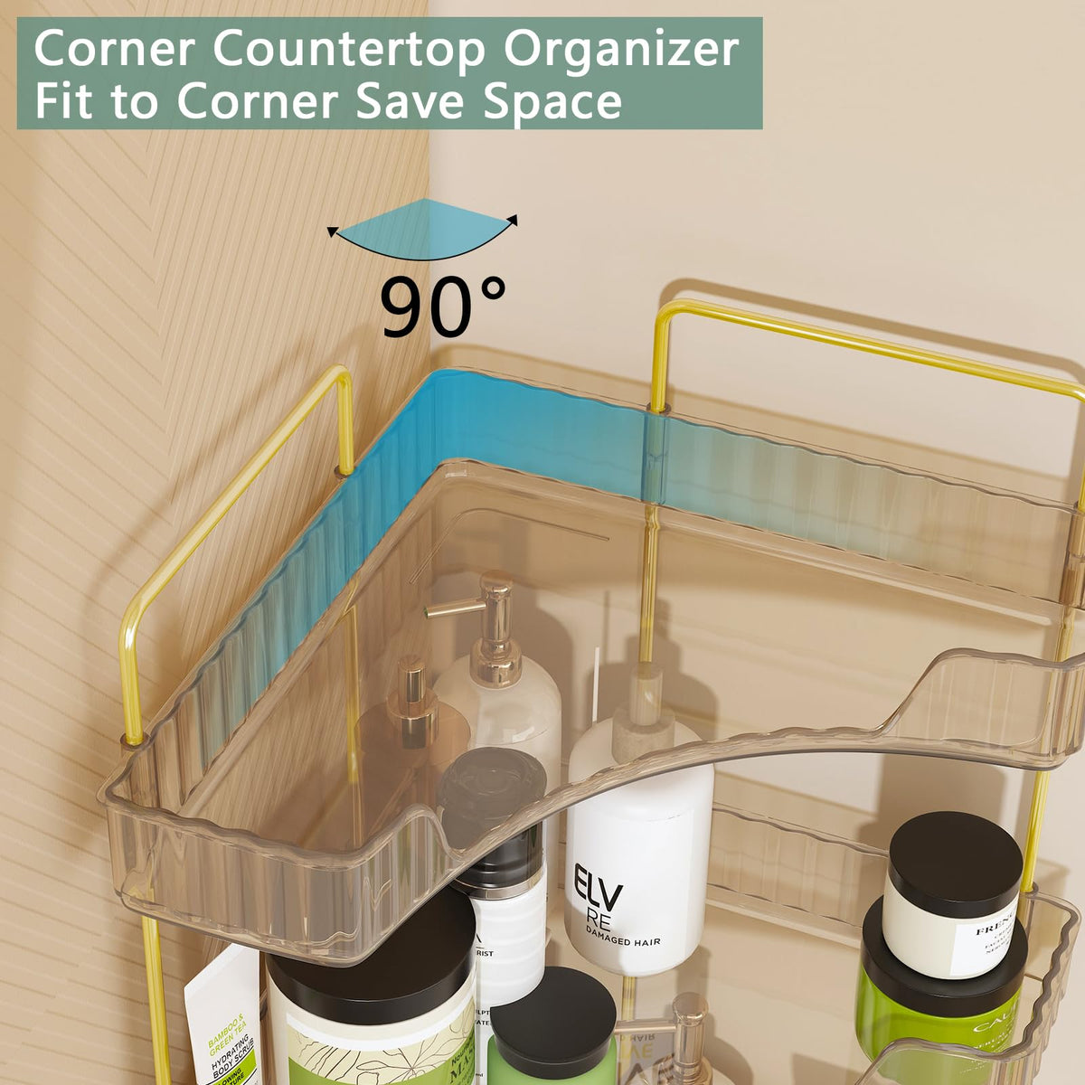 Webetop amber corner organizer shown on dresser for tidy cosmetics