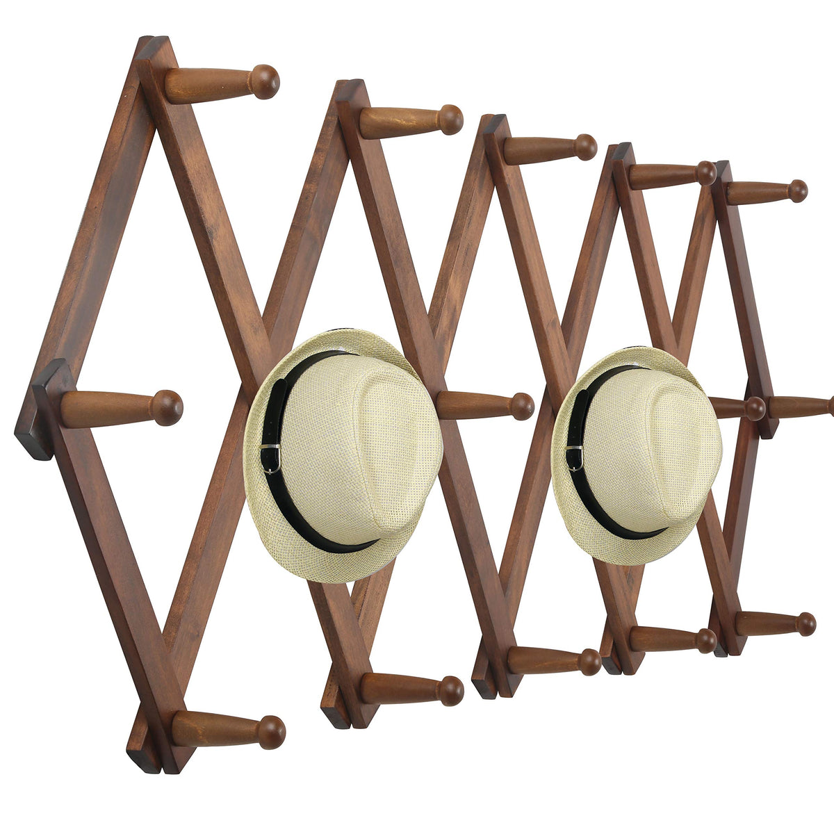 WEBI accordion wall hanger in walnut finish, space saving coat rack for entryways.