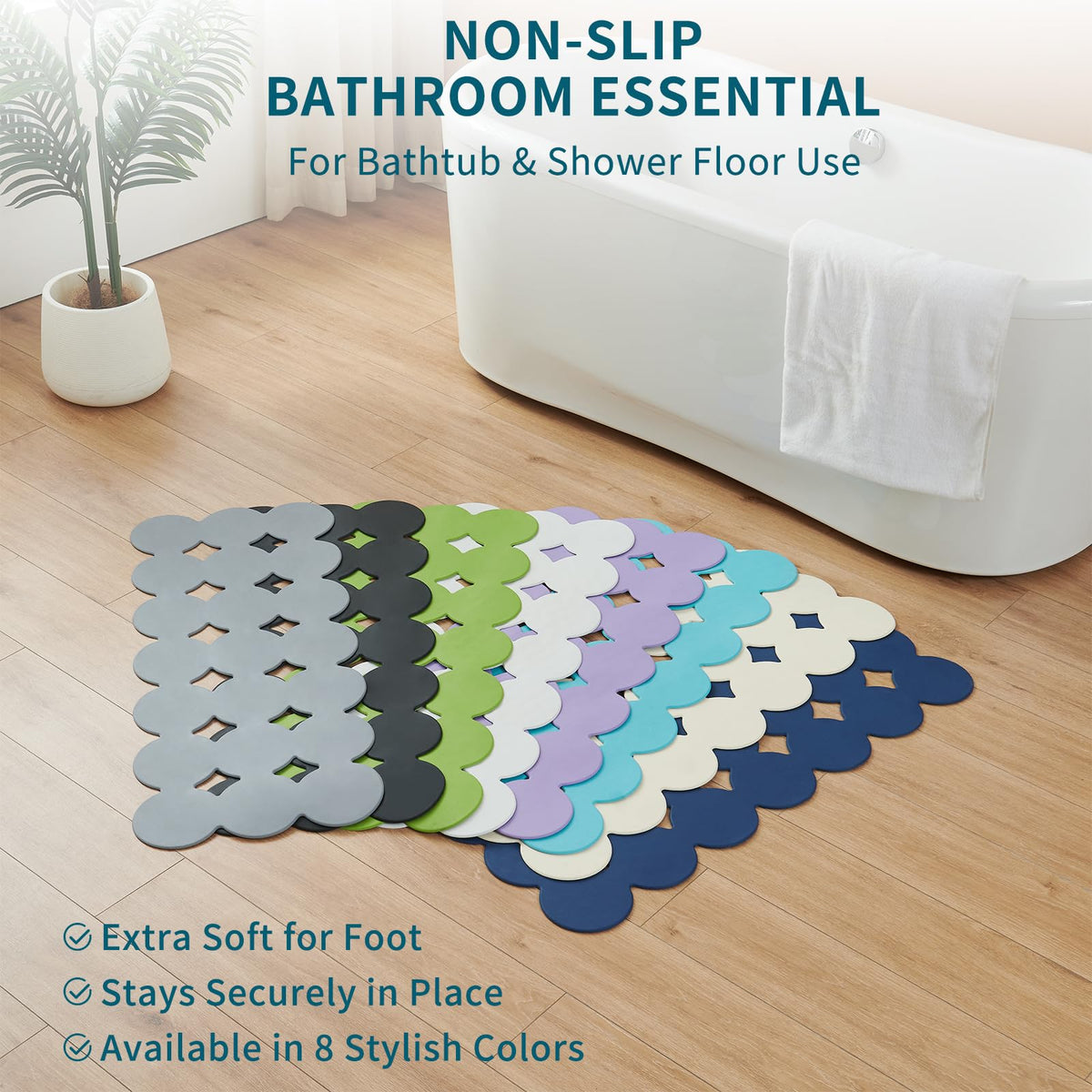 Webos bathtub mat folds for compact storage after use.