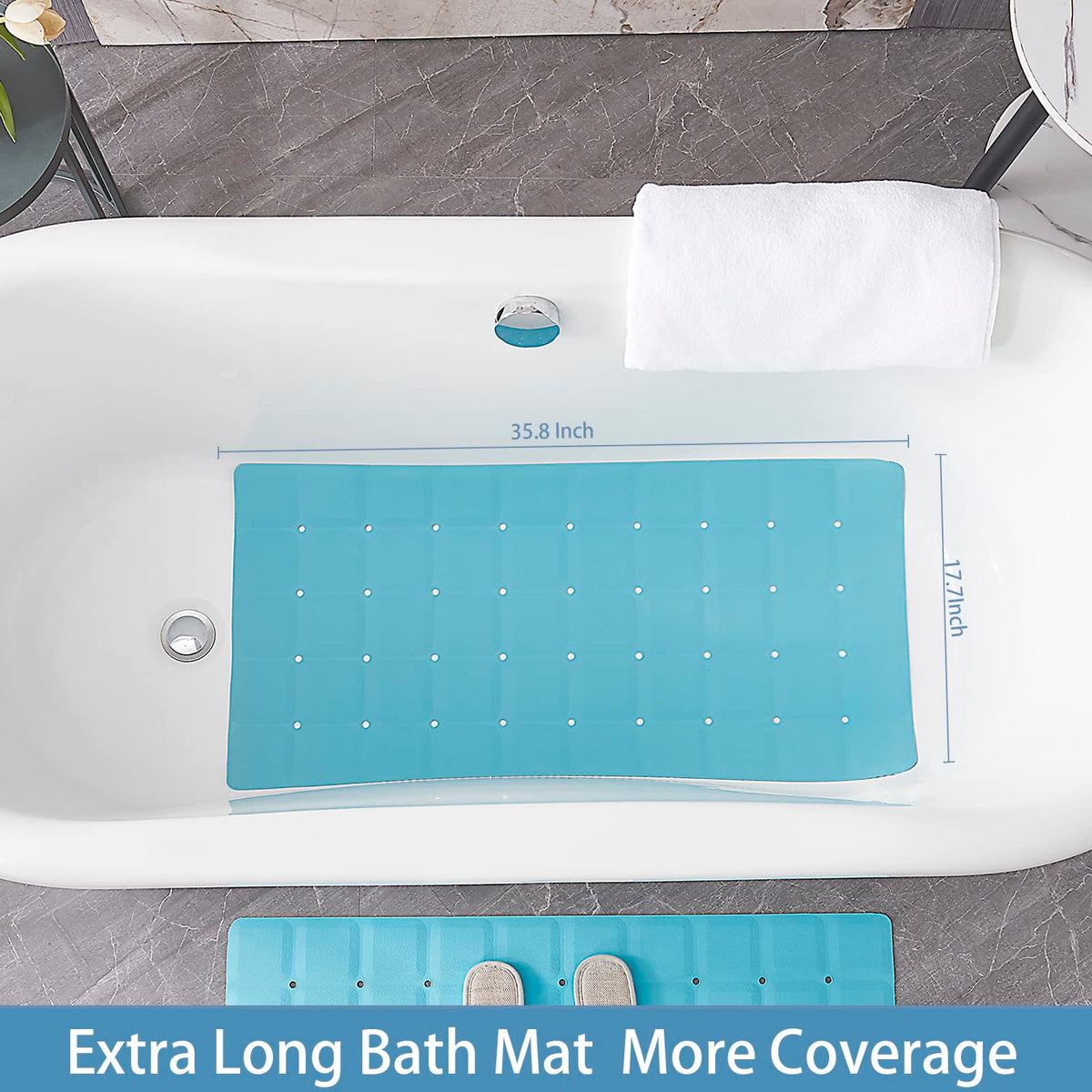 Webos tub mat in blue shows no suction cups protecting refinished surfaces