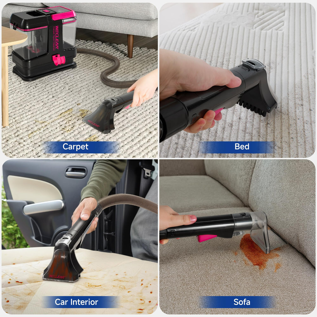 WeClean multi-functional nozzles reach tight spaces and upholstery.
