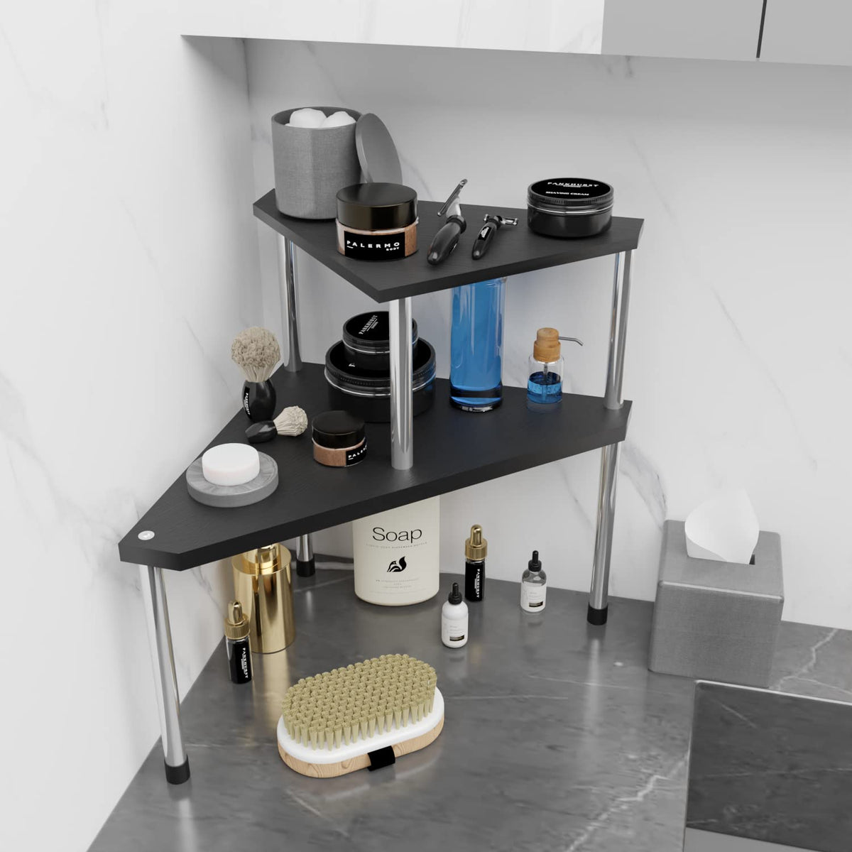Weenson two-tier corner shelf for kitchen keeps spice jars neatly organized.