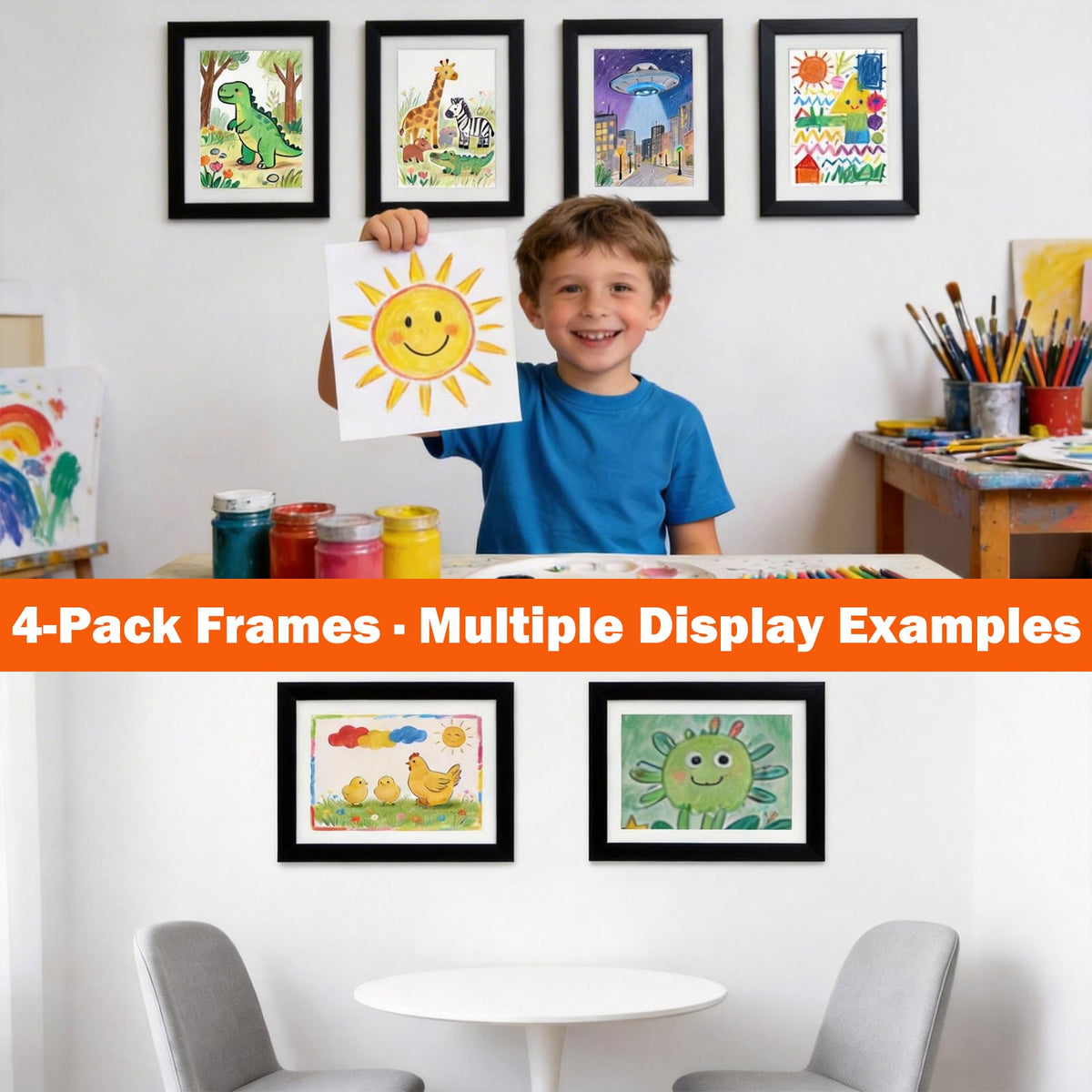 WeePro frames showcase kid drawings in a bright, organized classroom setting.