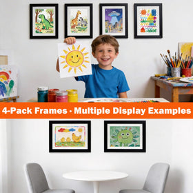 WeePro frames showcase kid drawings in a bright, organized classroom setting.