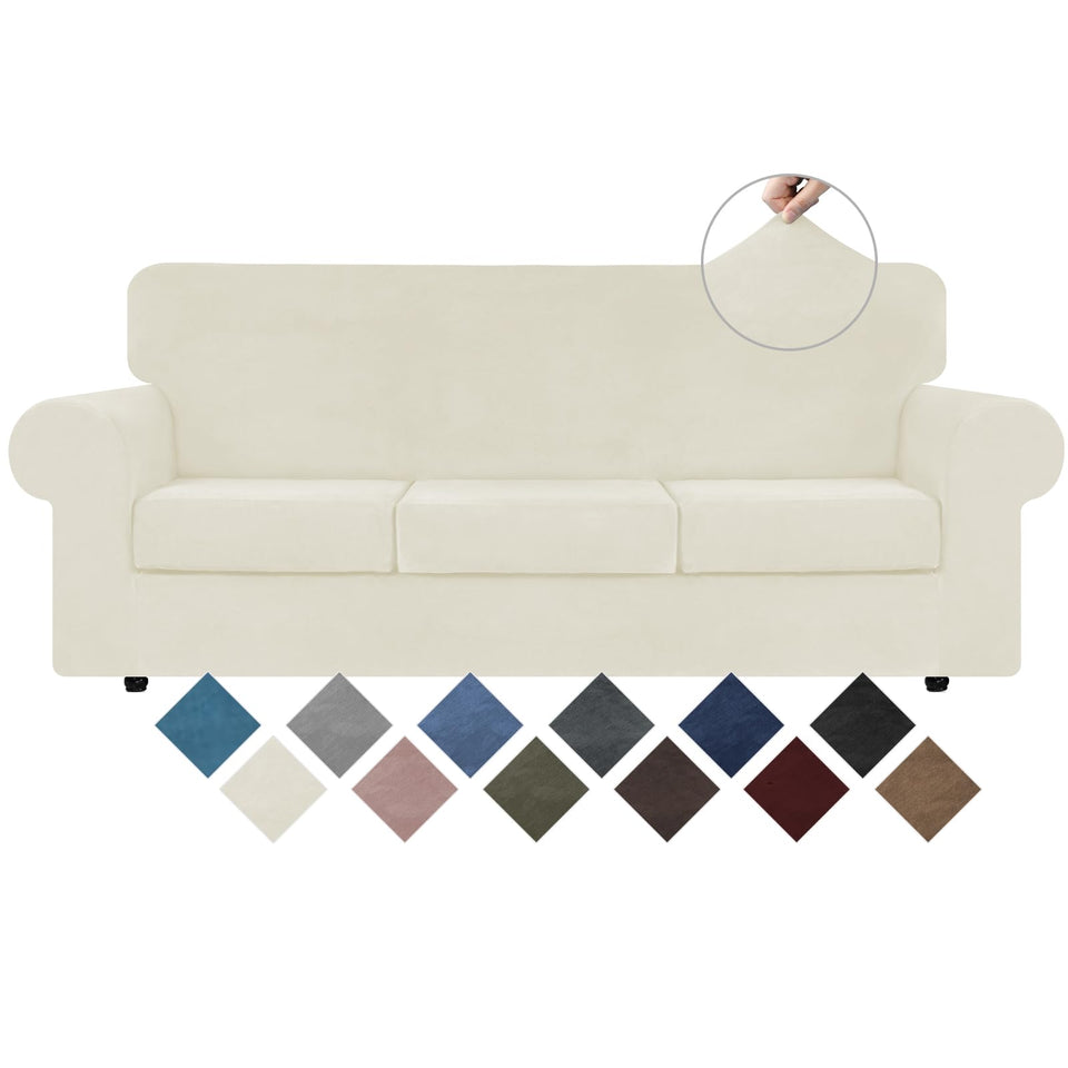 WEERRW velvet couch cover in ivory, plush fabric protects sofa from wear.