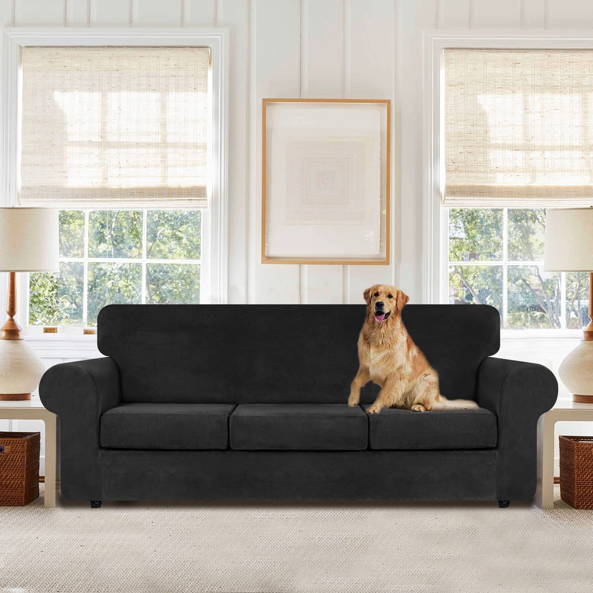 WEERRW velvet cover showing three-cushion setup for full sofa protection