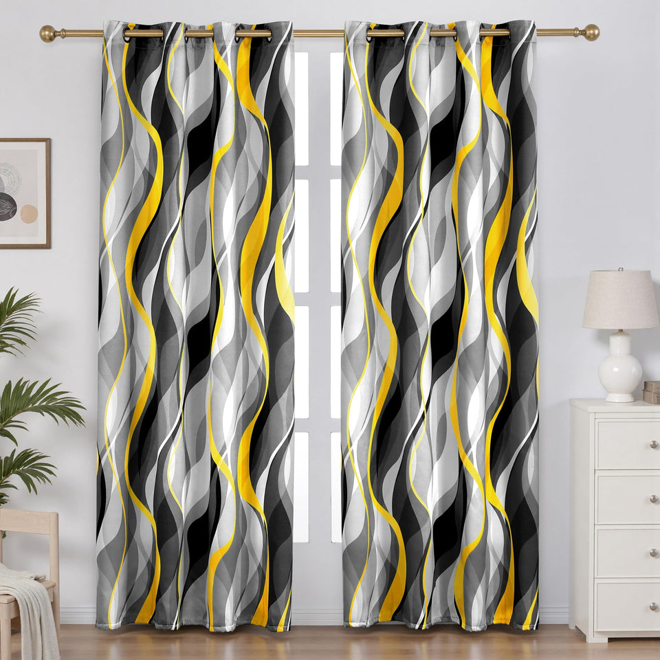 Weesire yellow and gray striped curtains panel provides partial light blocking for living rooms.