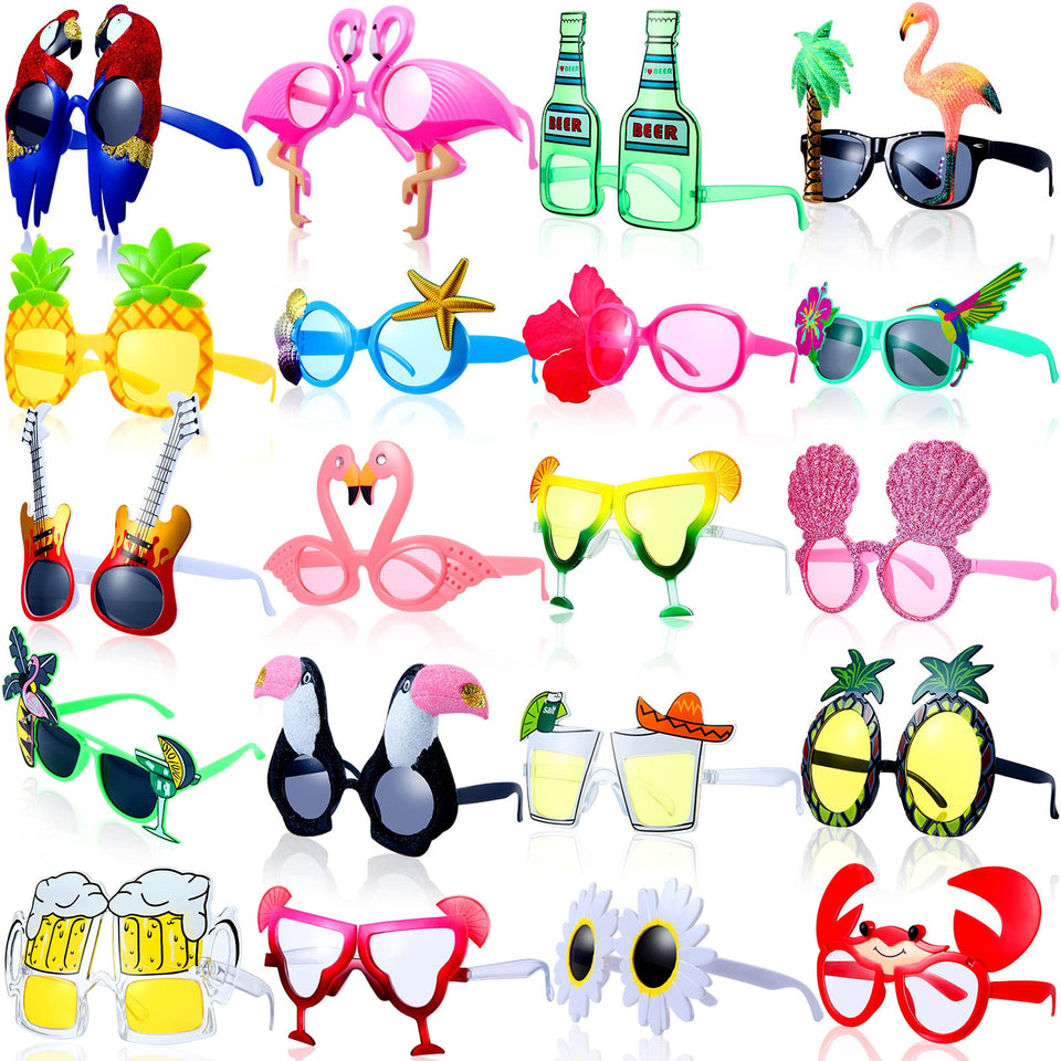 Weewooday luau party sunglasses collection in bright frames for fun photos.