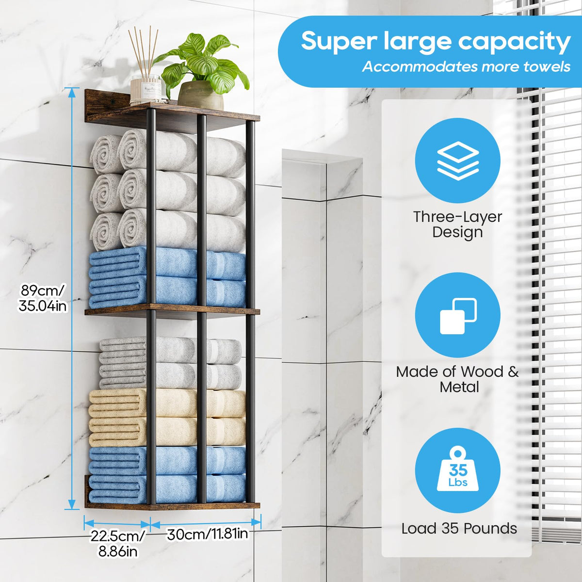 WeGXY Towel Rack with wooden top shelf adds decor and stores small items.