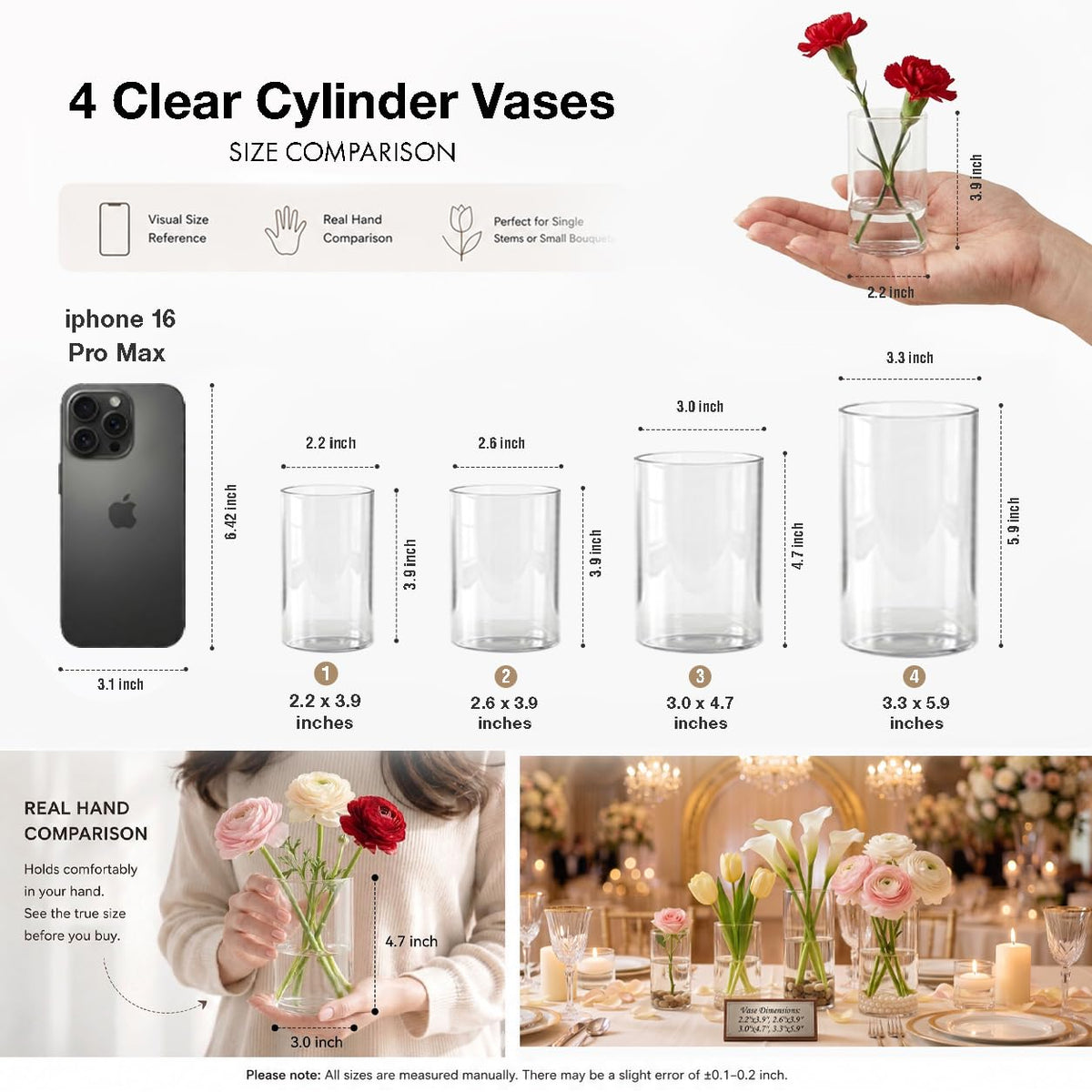 Wehomai 5-inch glass cylinder vases offer layered display options for flowers or candles.