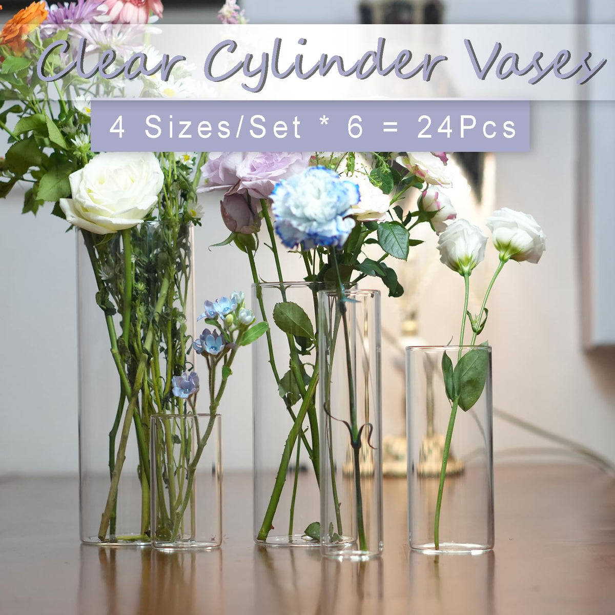 Wehomai 6-inch glass cylinder vases create elegant elevations for dining tables.